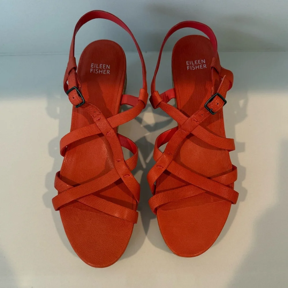 Eileen Fisher Array Platform Sandals Strappy Cork Wedge Coral Orange Size 11